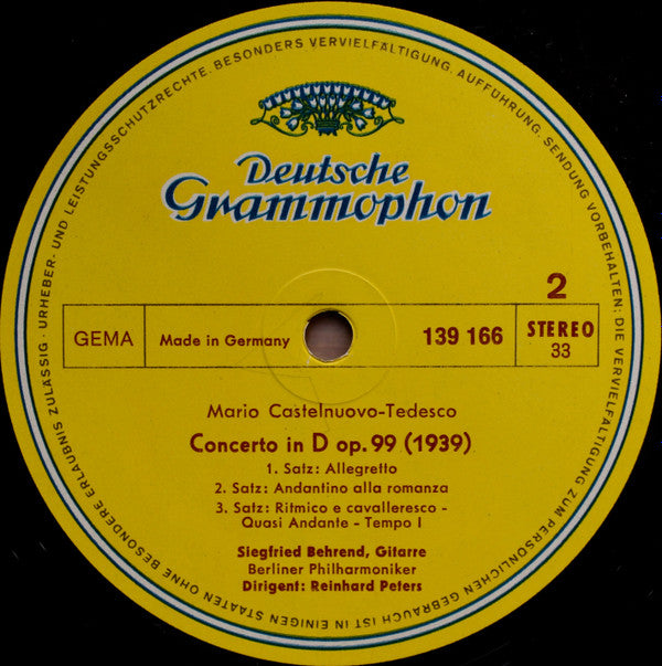 Joaquín Rodrigo, Mario Castelnuovo Tedesco / Siegfried Behrend, Berliner Philharmoniker, Reinhard Peters : Concierto De Aranjuez · Concerto In D (LP, RP)