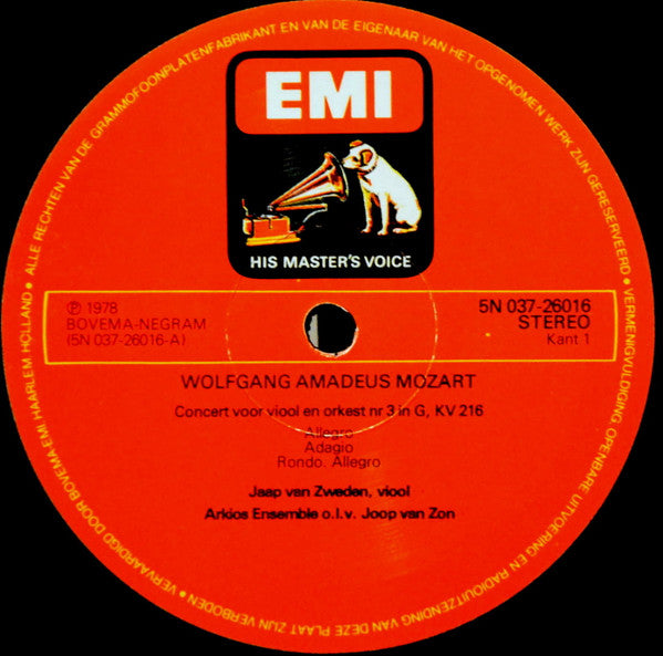 Wolfgang Amadeus Mozart, Jaap van Zweden, Arkios Ensemble, Joop Van Zon : Vioolconcert Nr. 3 In G, KV 216 / Symfonie Nr. 30, KV 202 (LP)
