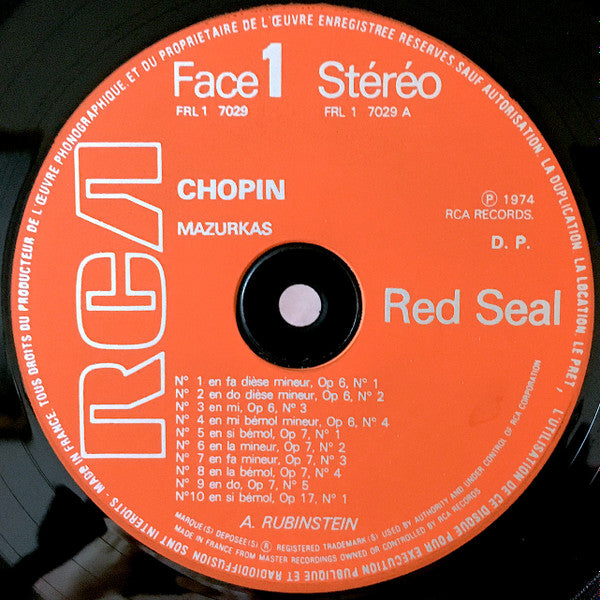 Frédéric Chopin - Arthur Rubinstein : Les Mazurkas N°s 1 à 17 (Volume 1) (LP, RE, Gat)