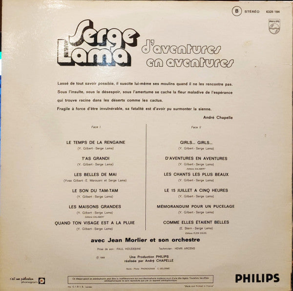 Serge Lama : D'Aventures En Aventures (LP, Album, RE)