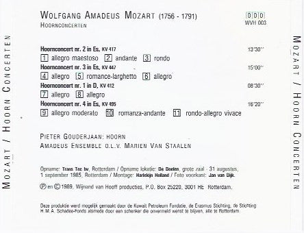 Pieter Gouderjaan / Hoorn //  Amadeus Ensemble Rotterdam o.l.v.  Marien Van Staalen : Mozart / Hoorn Concerten (CD, Album)