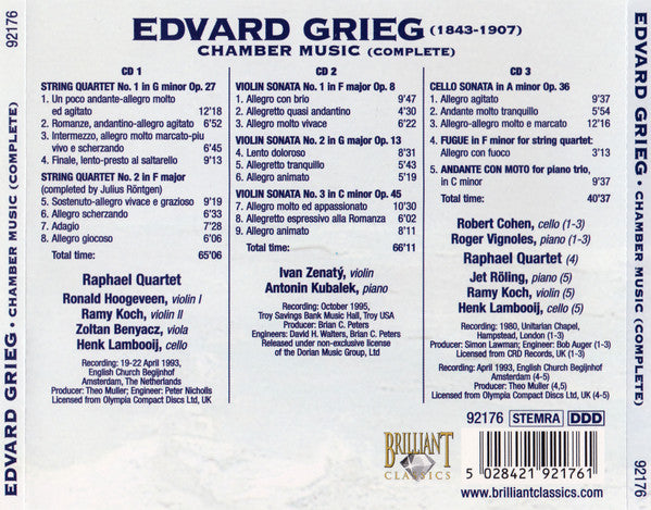 Edvard Grieg, Raphael Quartet, Ivan Ženatý, Antonin Kubalek : Chamber Music (Complete) (3xCD, Comp)