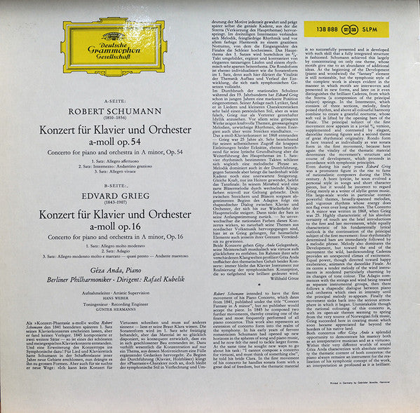 Robert Schumann ∙ Edvard Grieg, Géza Anda ∙ Rafael Kubelik, Berliner Philharmoniker : Klavierkonzerte In A-moll · Piano Concertos In A Minor (LP, Album, RE)