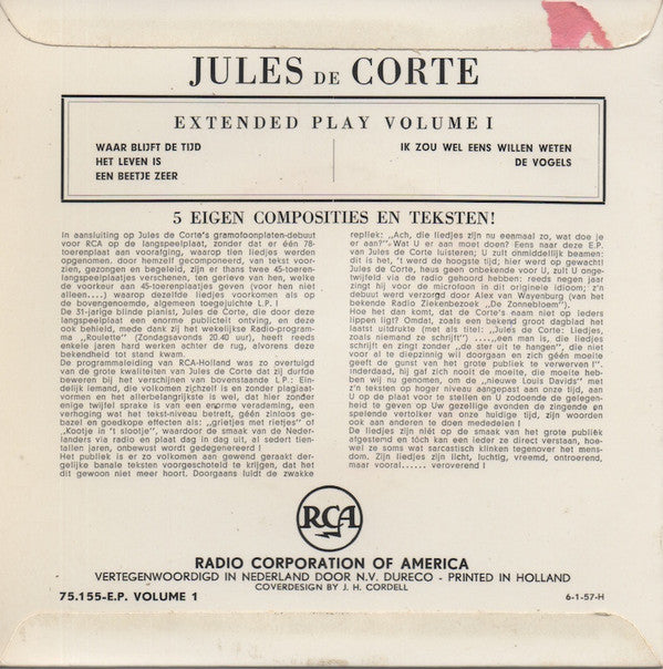 Jules de Corte : Levensliedjes Volume 1 (7", EP)