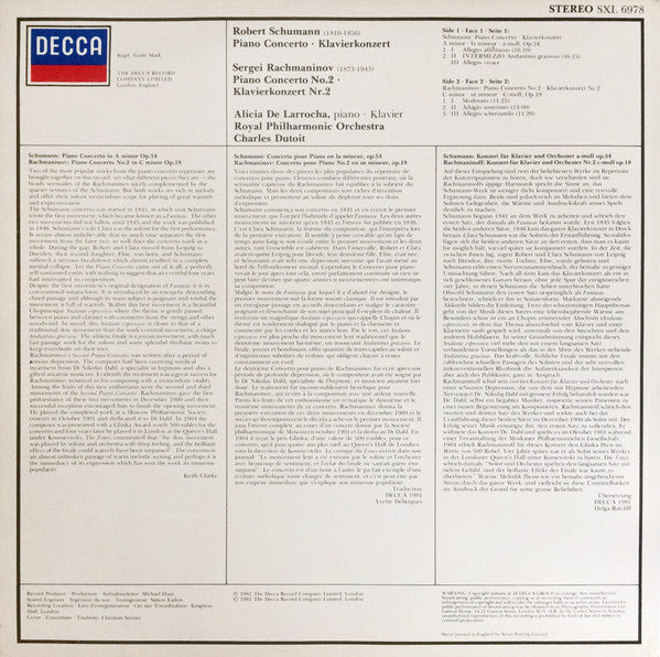 Sergei Vasilyevich Rachmaninoff / Robert Schumann, Alicia De Larrocha, Royal Philharmonic Orchestra, Charles Dutoit : Piano Concerto No. 2 = Klavier-Konzert Nr.2 / Piano Concerto = Klavier-Konzert (LP, Album)