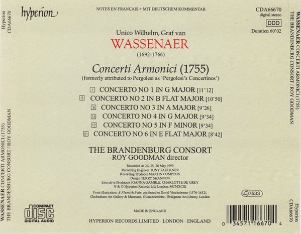 Unico Wilhelm Van Wassenaer - Brandenburg Consort • Roy Goodman : Concerti Armonici (CD, Album)