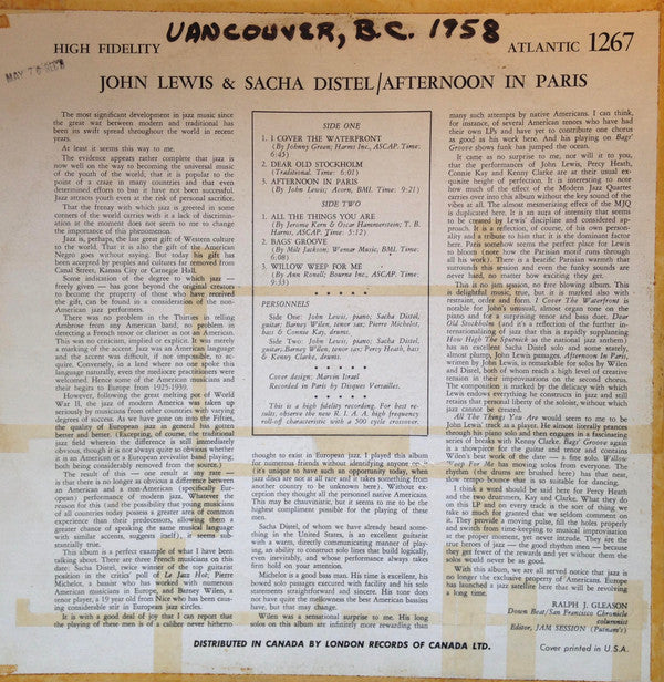 John Lewis (2) & Sacha Distel : Afternoon In Paris (LP, Album, Mono)