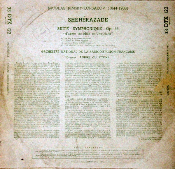 Nikolai Rimsky-Korsakov, Orchestre National De La R.T.F., André Cluytens : Shéhérazade (LP, Mono)