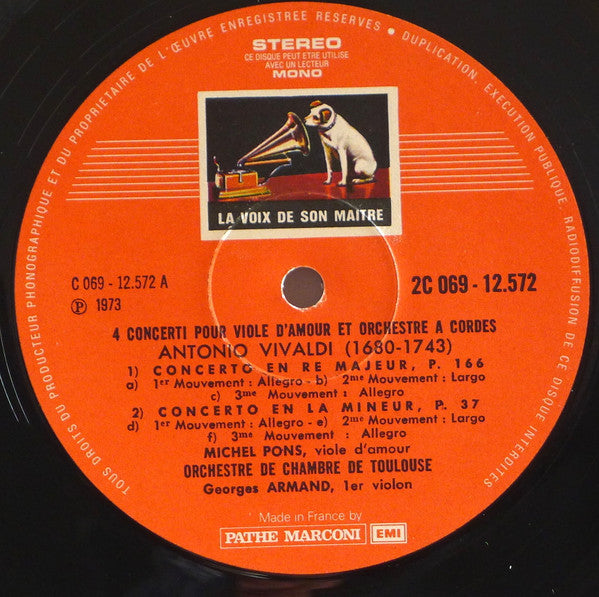 Antonio Vivaldi, Michel Pons, Orchestre De Chambre De Toulouse, Georges Armand : Quatre Concerti pour Viole d'Amour (LP, Gat)