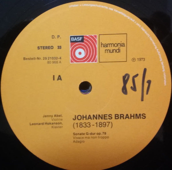 Johannes Brahms / Jenny Abel, Leonard Hokanson : 3 Sonaten Für Klavier Und Violine (2xLP, Album, Gat)