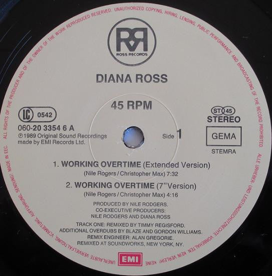 Diana Ross : Workin' Overtime (12", Maxi)
