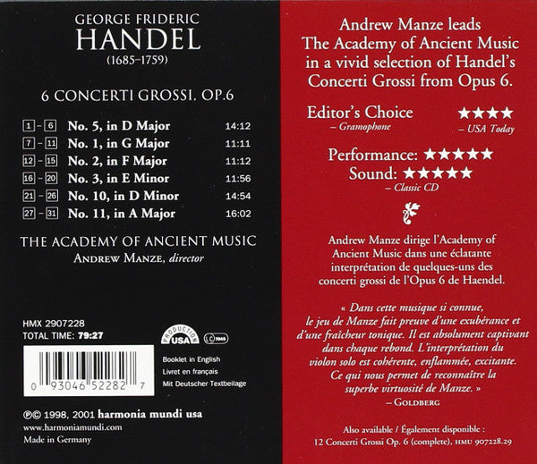 Georg Friedrich Händel - The Academy Of Ancient Music, Andrew Manze : Concerti Grossi, Op. 6 Nos. 1, 2, 3, 5, 10, 11 (CD, Album, RE)