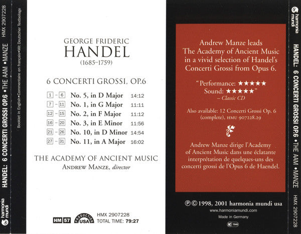 Georg Friedrich Händel - The Academy Of Ancient Music, Andrew Manze : Concerti Grossi, Op. 6 Nos. 1, 2, 3, 5, 10, 11 (CD, Album, RE)