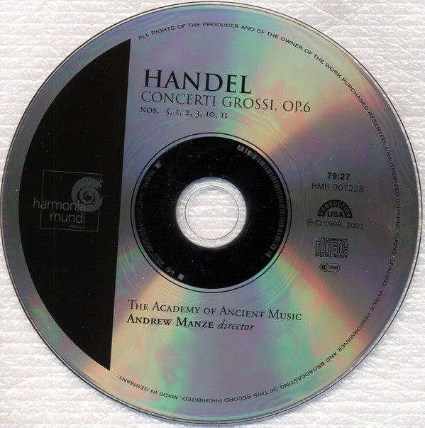Georg Friedrich Händel - The Academy Of Ancient Music, Andrew Manze : Concerti Grossi, Op. 6 Nos. 1, 2, 3, 5, 10, 11 (CD, Album, RE)