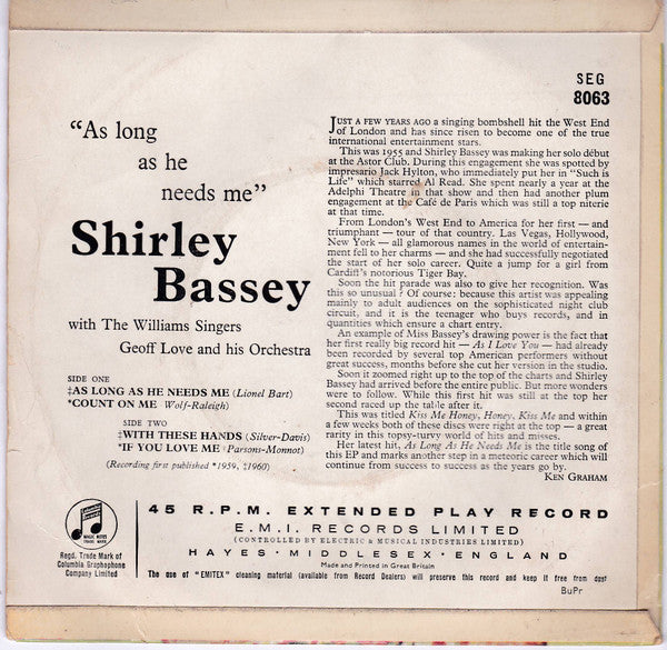 Shirley Bassey With The Williams Singers And Geoff Love & His Orchestra : As Long As He Needs Me (7", EP, Mono)