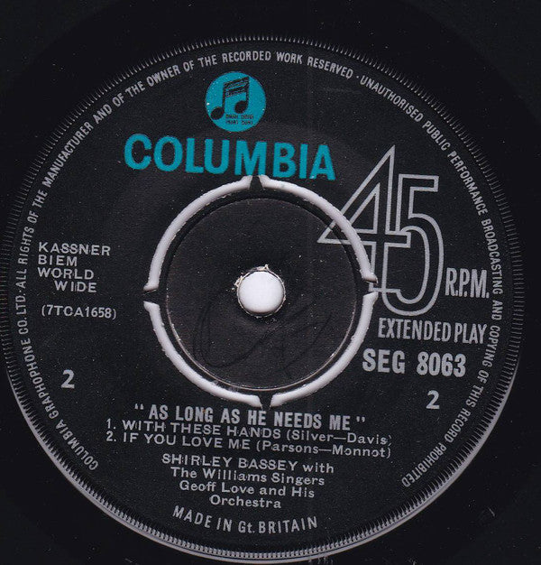 Shirley Bassey With The Williams Singers And Geoff Love & His Orchestra : As Long As He Needs Me (7", EP, Mono)