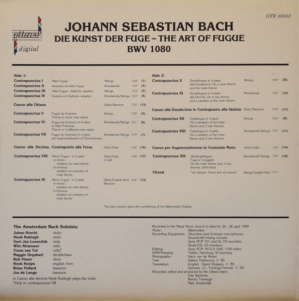Johann Sebastian Bach, Amsterdam Bach Soloists : Die Kunst Der Fuge = The Art Of Fugue (LP, Album)