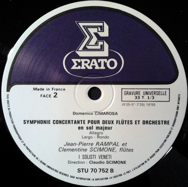 Domenico Cimarosa / Giuseppe Saverio Mercadante, Jean-Pierre Rampal, Clementine Scimone, I Solisti Veneti Dir. Claudio Scimone : Symphonie Concertante Pour Deux Flutes / Concerto Pour Flute (LP, Gat)