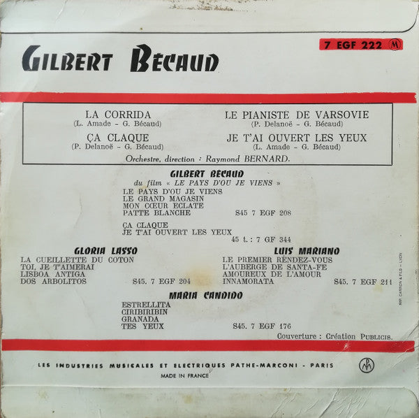 Gilbert Bécaud : la Corrida / Ca Claque / Le Pianiste de Varsovie / Je T'ai Ouvert Les Yeux (7", EP)