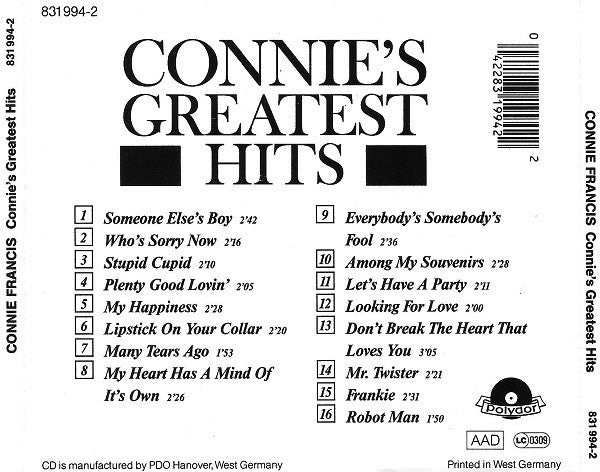Connie Francis : Connie's Greatest Hits (CD, Comp)