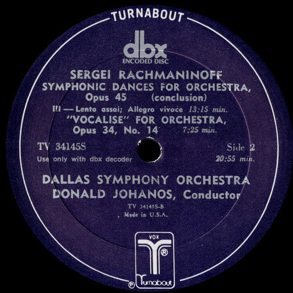 Sergei Vasilyevich Rachmaninoff, Dallas Symphony Orchestra, Donald Johanos : Symphonic Dances / Vocalise (LP, Comp, RE, DBX)