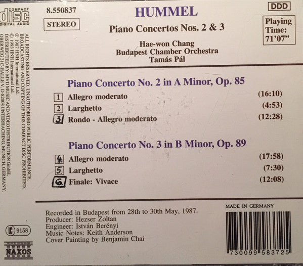 Johann Nepomuk Hummel, Hae-Won Chang, Budapest Chamber Ensemble, Tamás Pál : Piano Concertos No. 2, Op. 85 / No. 3, Op. 89 (CD)