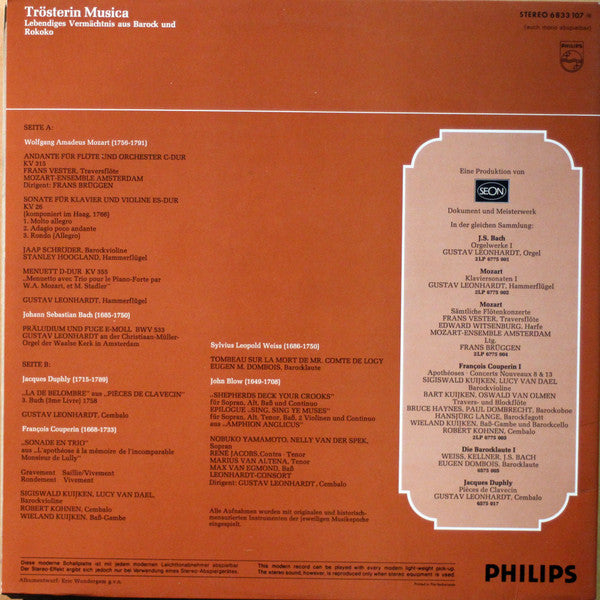 Gustav Leonhardt • Frans Brüggen • Max van Egmond • Eugen M. Dombois • Leonhardt-Consort : Trösterin Musica (Lebendiges Vermächtnis Aus Barock Und Rokoko) (LP, Comp, Promo)