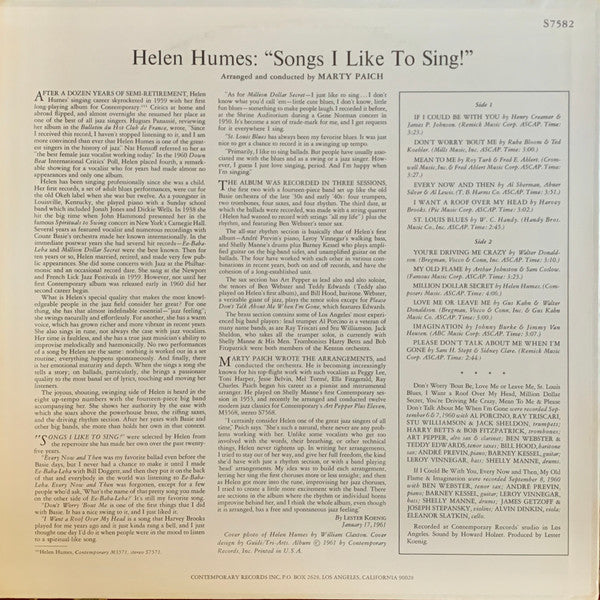 Helen Humes : Songs I Like To Sing! (LP, Album, RE)