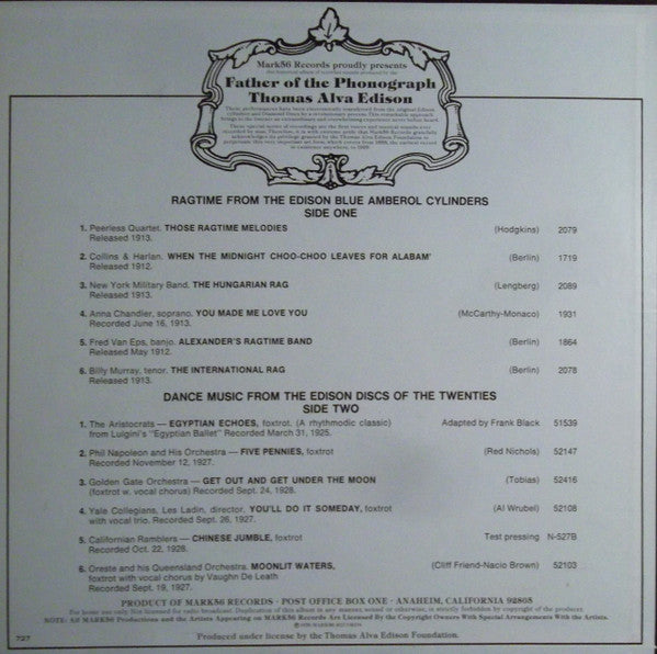 Various : An Edison Memorabilia Of Musical Performances Volume Two: Ragtime To Dance Music Of The Twenties (LP, Comp)
