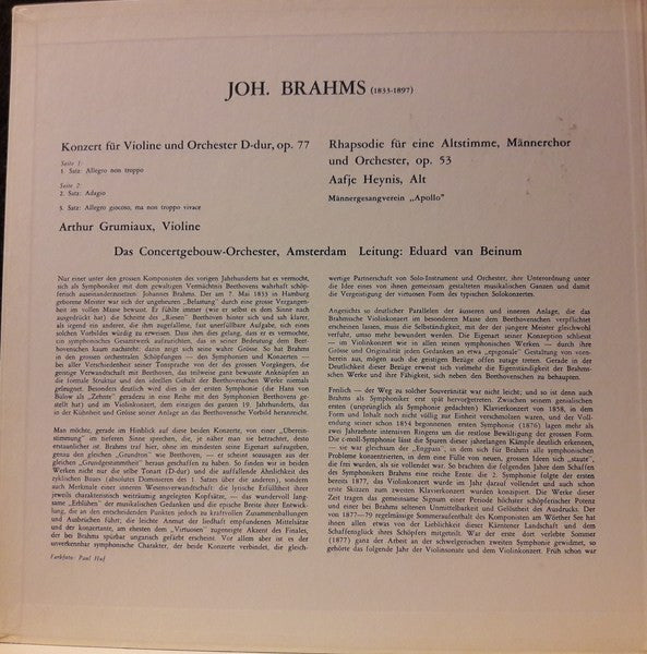 Brahms* | Arthur Grumiaux, Das Concertgebouw-Orchester, Amsterdam*, Eduard van Beinum : Violinkonzert (LP)