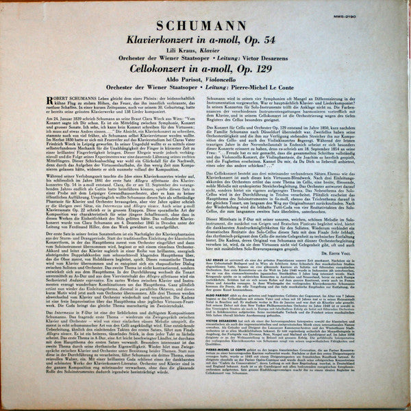 Robert Schumann, Lili Kraus, Aldo Parisot, Victor Desarzens, Pierre-Michel Le Conte, Orchester Der Wiener Staatsoper : Klavierkonzert / Cellokonzert (LP, Mono)