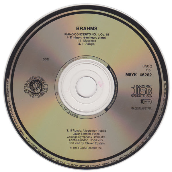 Johannes Brahms, Chicago Symphony Orchestra, Lazar Berman, Erich Leinsdorf : Piano Concerto No.1, Op.15 (CD, Album, RE)