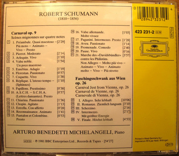 Robert Schumann, Arturo Benedetti Michelangeli : Carnaval • Faschingsschwank Aus Wien (CD, Album, RE, PDO)