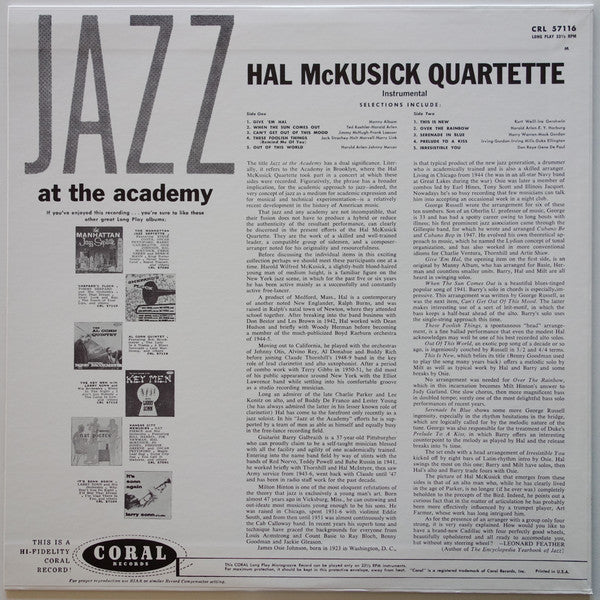 Hal McKusick Quartet : Jazz At The Academy (LP, Album, Mono, RE)