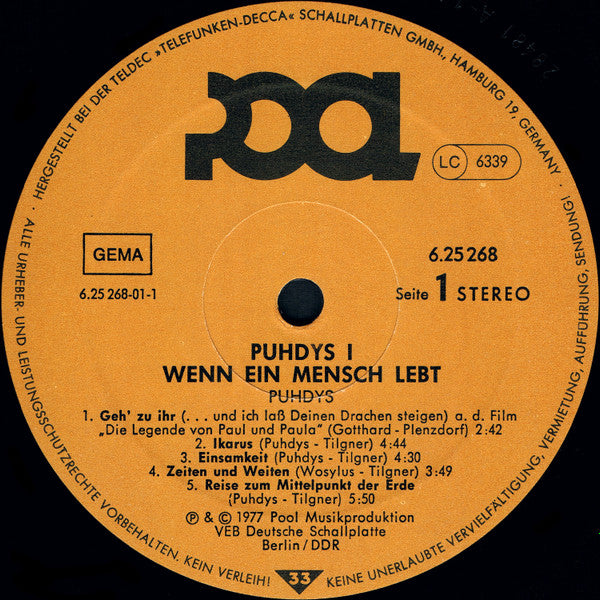 Puhdys : Puhdys 1 - Wenn Ein Mensch Lebt (LP, Comp, RE)