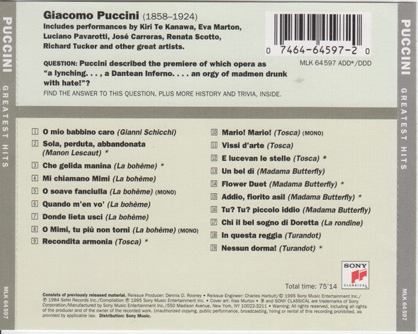 Giacomo Puccini : Greatest Hits (CD, Comp)
