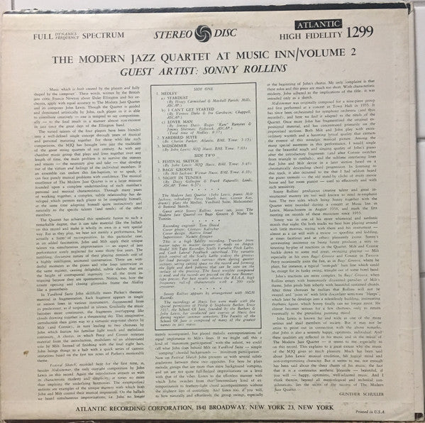 The Modern Jazz Quartet Guest Artist: Sonny Rollins : The Modern Jazz Quartet At Music Inn —  Volume 2 (LP, Album, Pre)