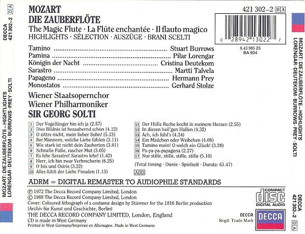 Wolfgang Amadeus Mozart, Pilar Lorengar . Cristina Deutekom, Stuart Burrows, Hermann Prey, Georg Solti : Die Zauberflöte - Highlights (CD)