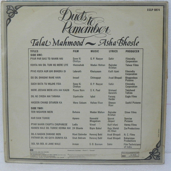 Talat Mahmood And Asha Bhosle : Duets To Remember (LP, Comp)