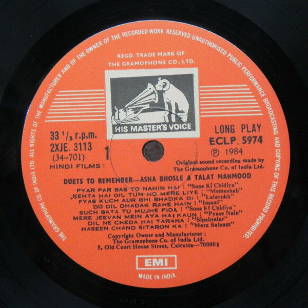 Talat Mahmood And Asha Bhosle : Duets To Remember (LP, Comp)