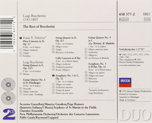 Luigi Boccherini - Severino Gazzelloni, Maurice Gendron, Pepe Romero, Quartetto Italiano, I Musici, Academy Of St. Martin-in-the-Fields Chamber Ensemble, New Philharmonia Orchestra, Orchestre Des Concerts Lamoureux, Pablo Casals, Raymond Leppard : The Best Of Boccherini Including The Minuet (2xCD, Comp, RE, RM)
