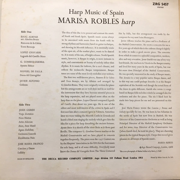 Marisa Robles : Harp Music Of Spain (LP, Album, RE)