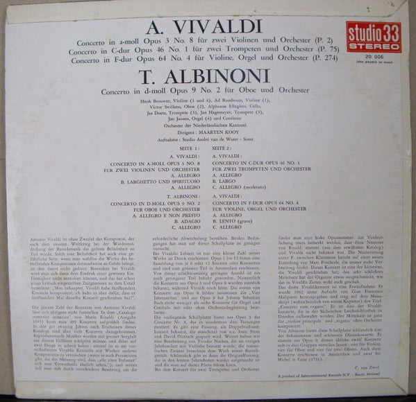 Antonio Vivaldi, Tomaso Albinoni, Orkest Van De Nederlandse Cantorij, Maarten Kooy : Concerto Für 2 Violinen Und Orchester - Concerto Für 2 Trompeten Und Orchester - Concerto Für Violine, Orgel Und Orchester / Concerto Für Oboe Und Orchester (LP)