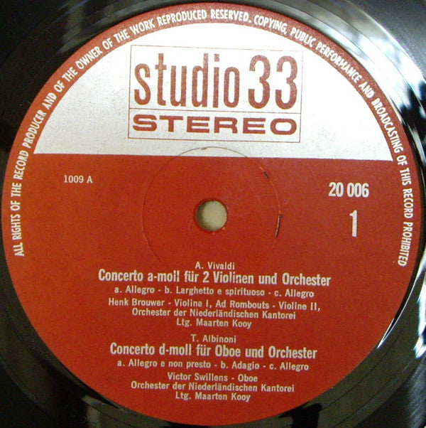 Antonio Vivaldi, Tomaso Albinoni, Orkest Van De Nederlandse Cantorij, Maarten Kooy : Concerto Für 2 Violinen Und Orchester - Concerto Für 2 Trompeten Und Orchester - Concerto Für Violine, Orgel Und Orchester / Concerto Für Oboe Und Orchester (LP)