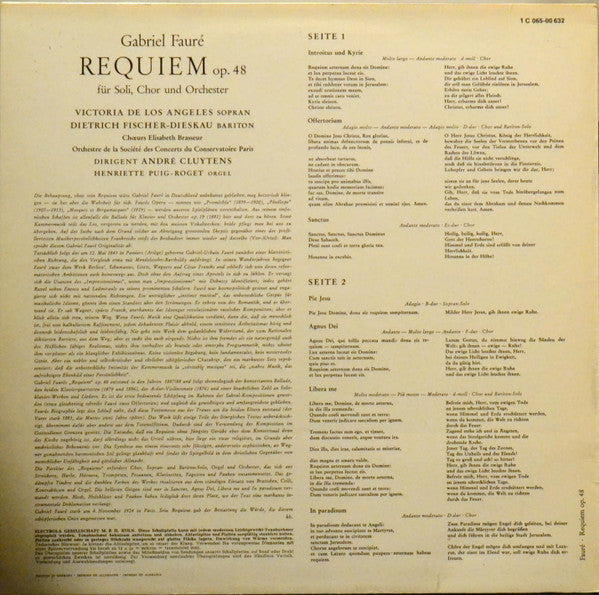 Gabriel Fauré - André Cluytens, Orchestre De La Société Des Concerts Du Conservatoire, Victoria De Los Angeles, Dietrich Fischer-Dieskau : Requiem (LP, RE)