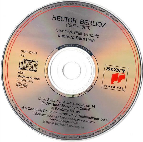 Hector Berlioz, Leonard Bernstein, New York Philharmonic : Symphonie Fantastique, Overture From "Benvenuto Cellini," Rákóczky March, Roman Carnival Overture (CD, Comp, RE, RM)