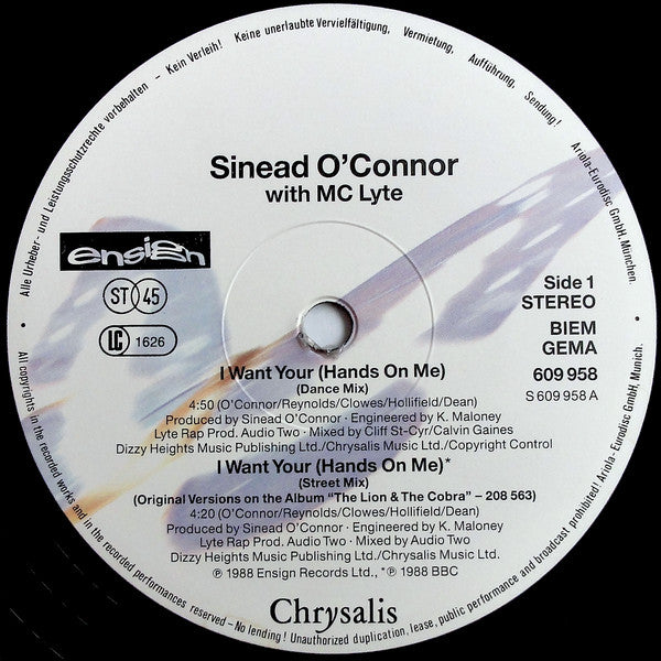 Sinéad O'Connor With MC Lyte : I Want Your (Hands On Me) (12", Maxi)