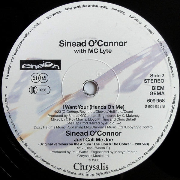 Sinéad O'Connor With MC Lyte : I Want Your (Hands On Me) (12", Maxi)