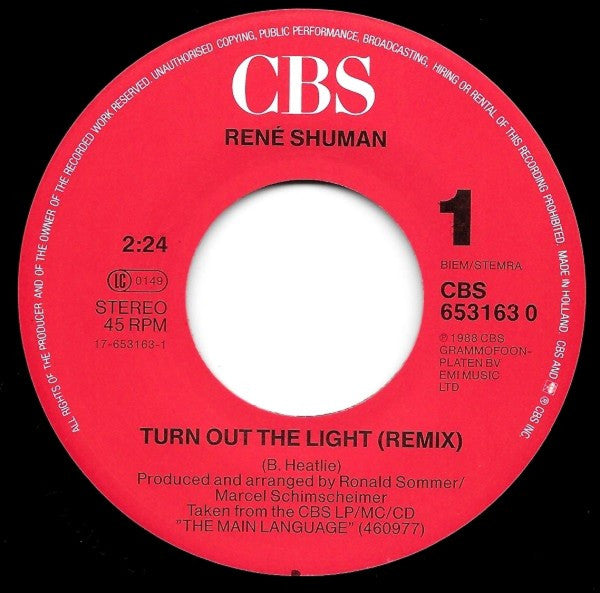 René Shuman : Turn Out The Light (7", Single, Ltd)