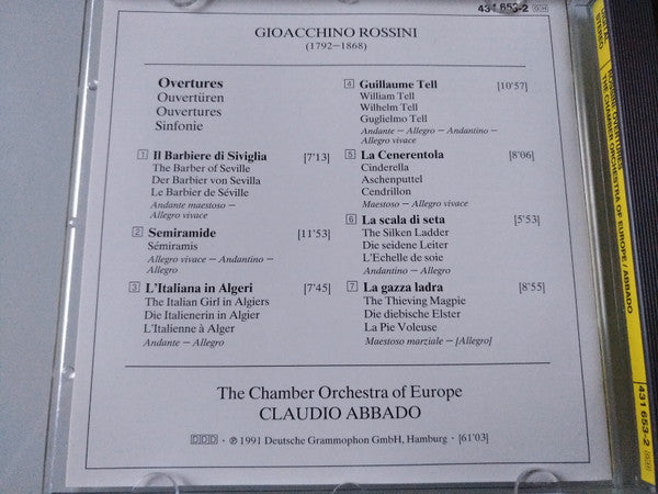 Gioacchino Rossini - The Chamber Orchestra Of Europe · Claudio Abbado : Overtures (Il Barbiere Di Siviglia · Semiramide · L'Italiana In Algeri · La Cenerentola · La Scala Di Seta · Guilliame Tell · La Gazza Ladra) (CD, Album)